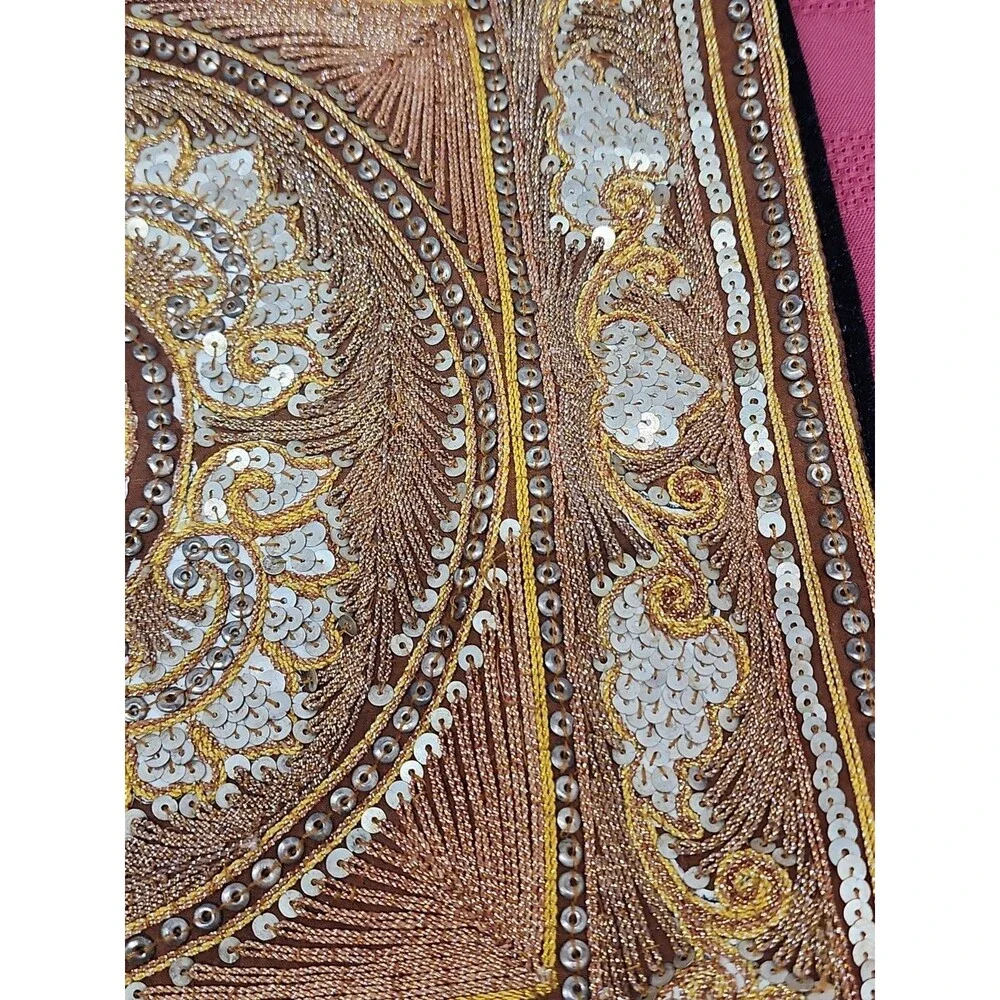 VTG Turkish Hand Beaded Embroidered Sequined Throw Pillow Cover Gold Boho